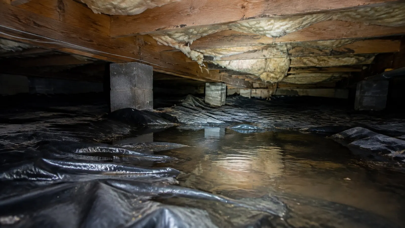 Standing water on a torn vapor barrier in a crawl space