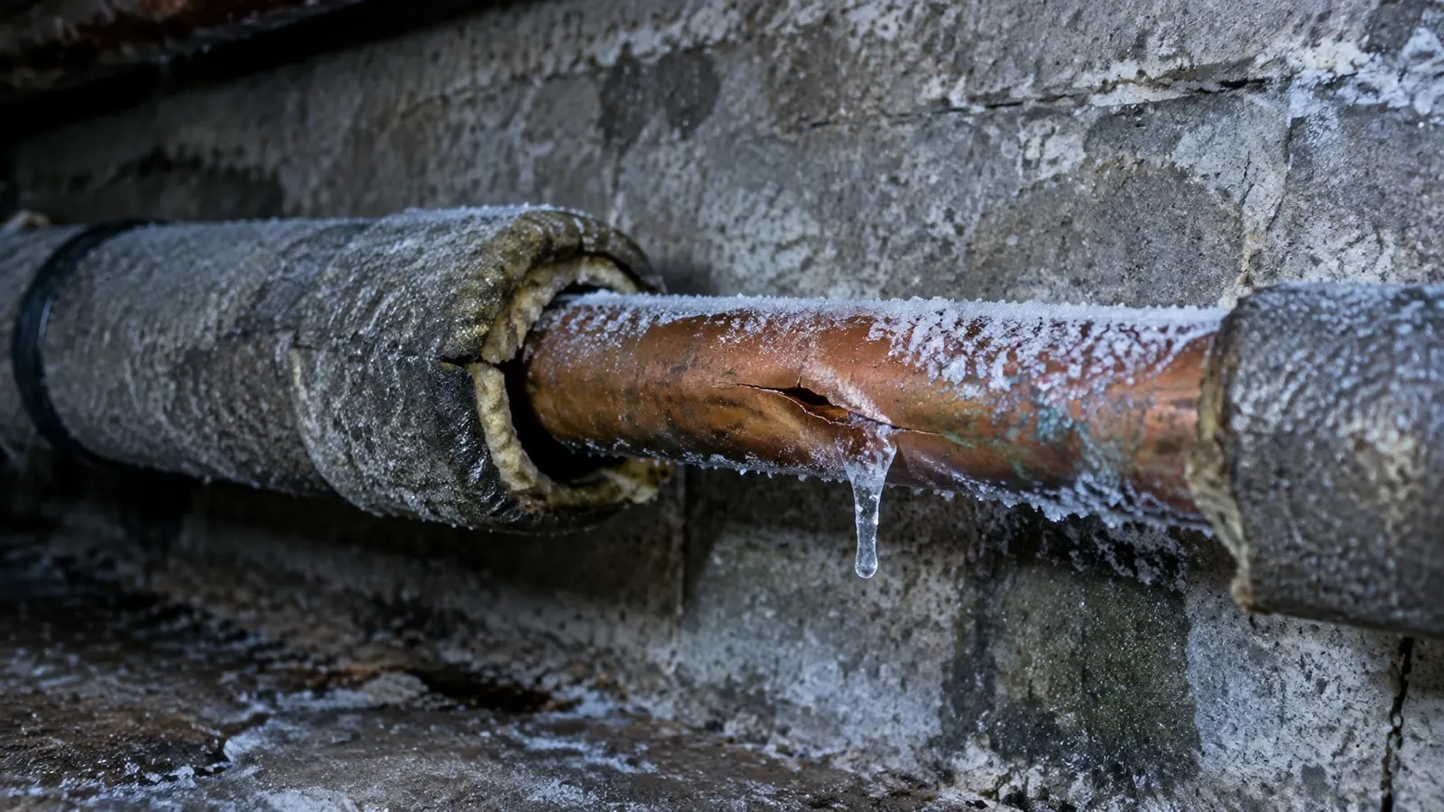 Frozen split pipe with an icicle