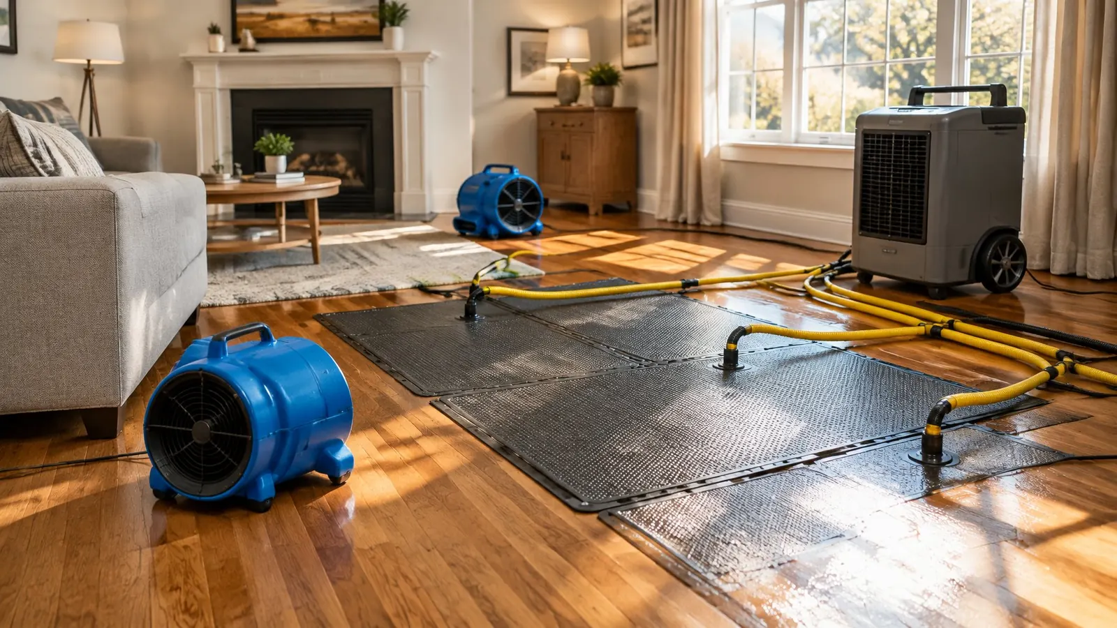 Living room hardwood floor being dried with a drying mat system, air movers and a dehumidifier
