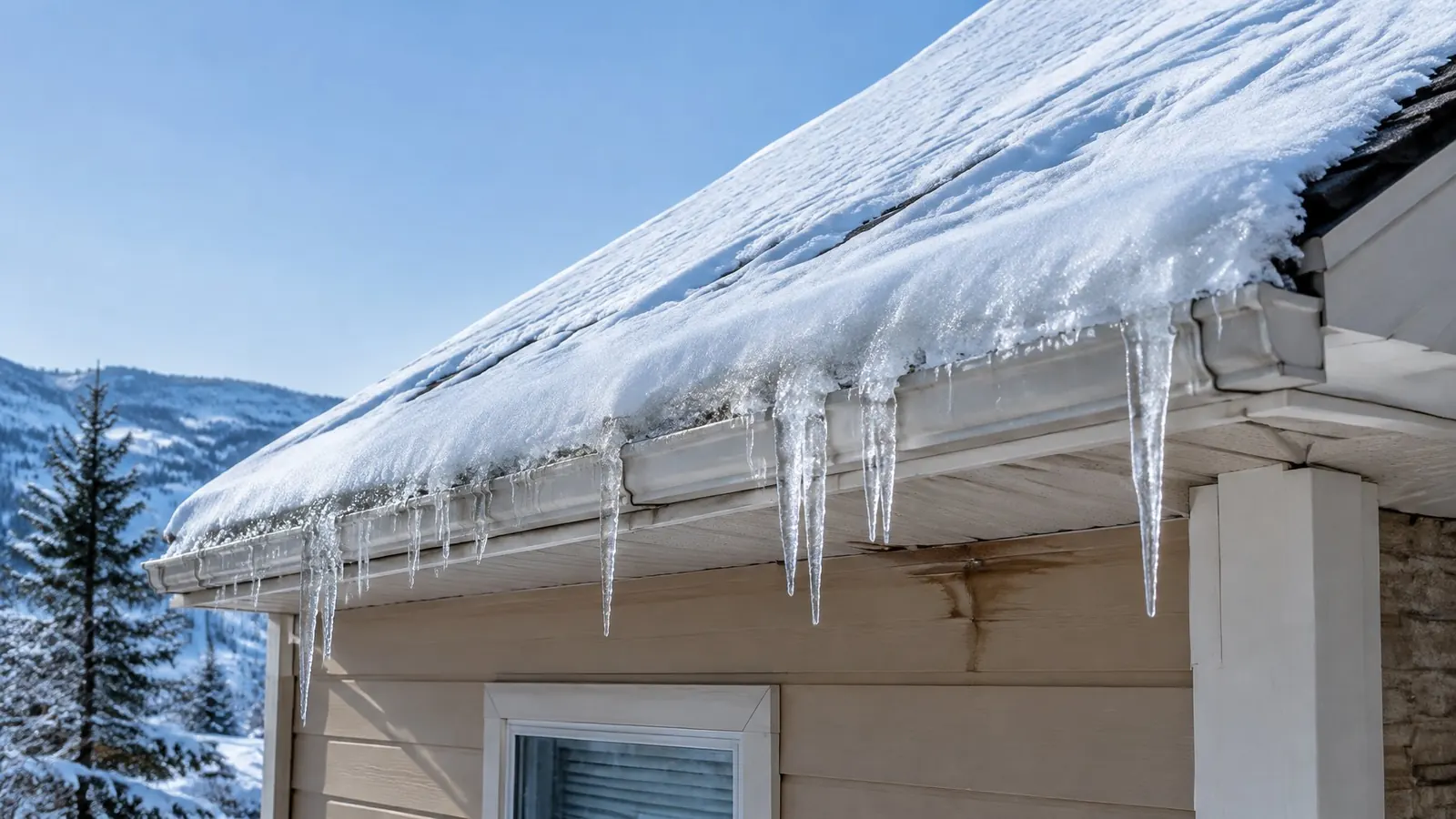 Snow and icicles hanging from a roof edge with a water stain on the soffit below