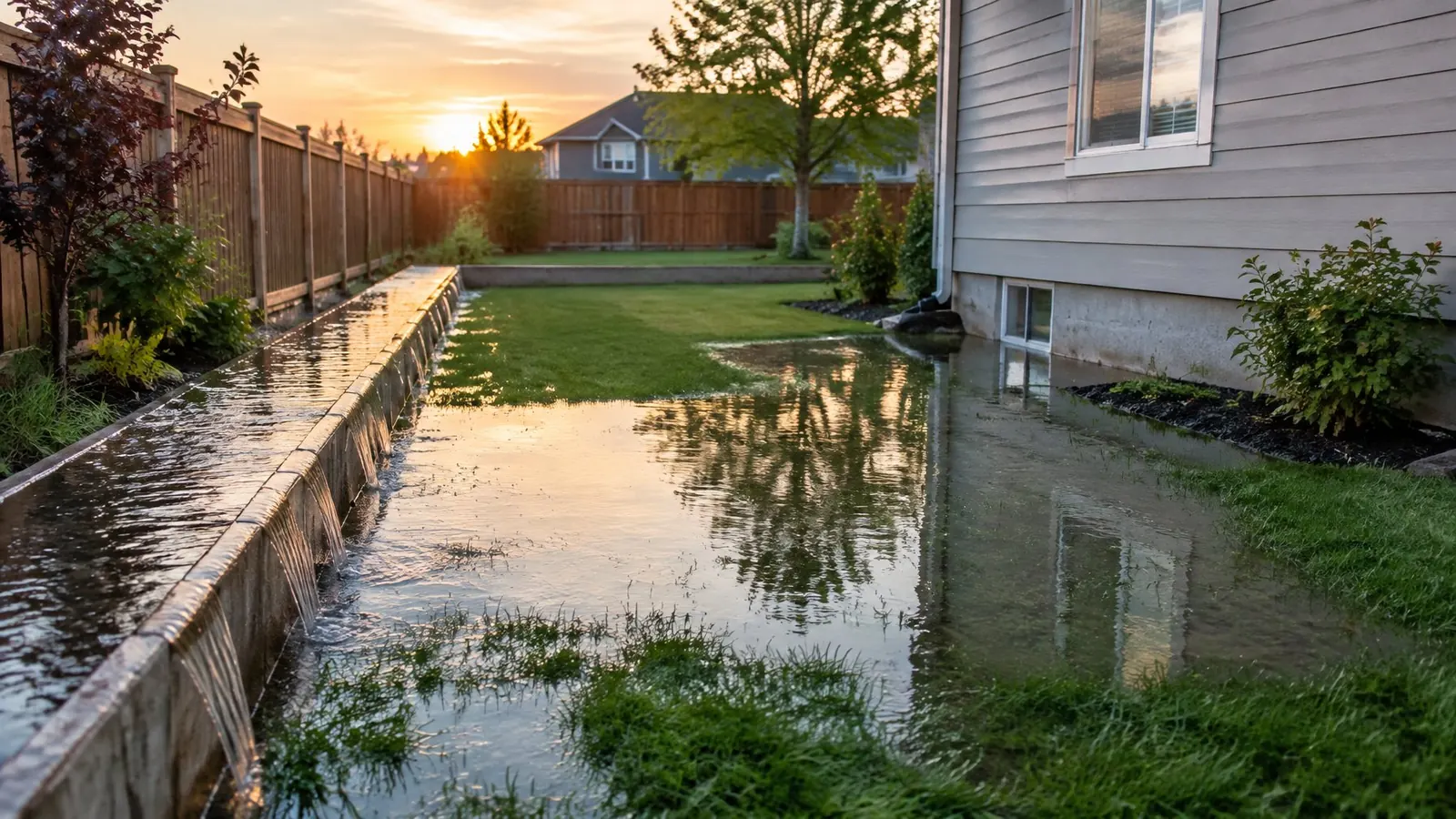 Irrigation ditch overflowing into a backyard
