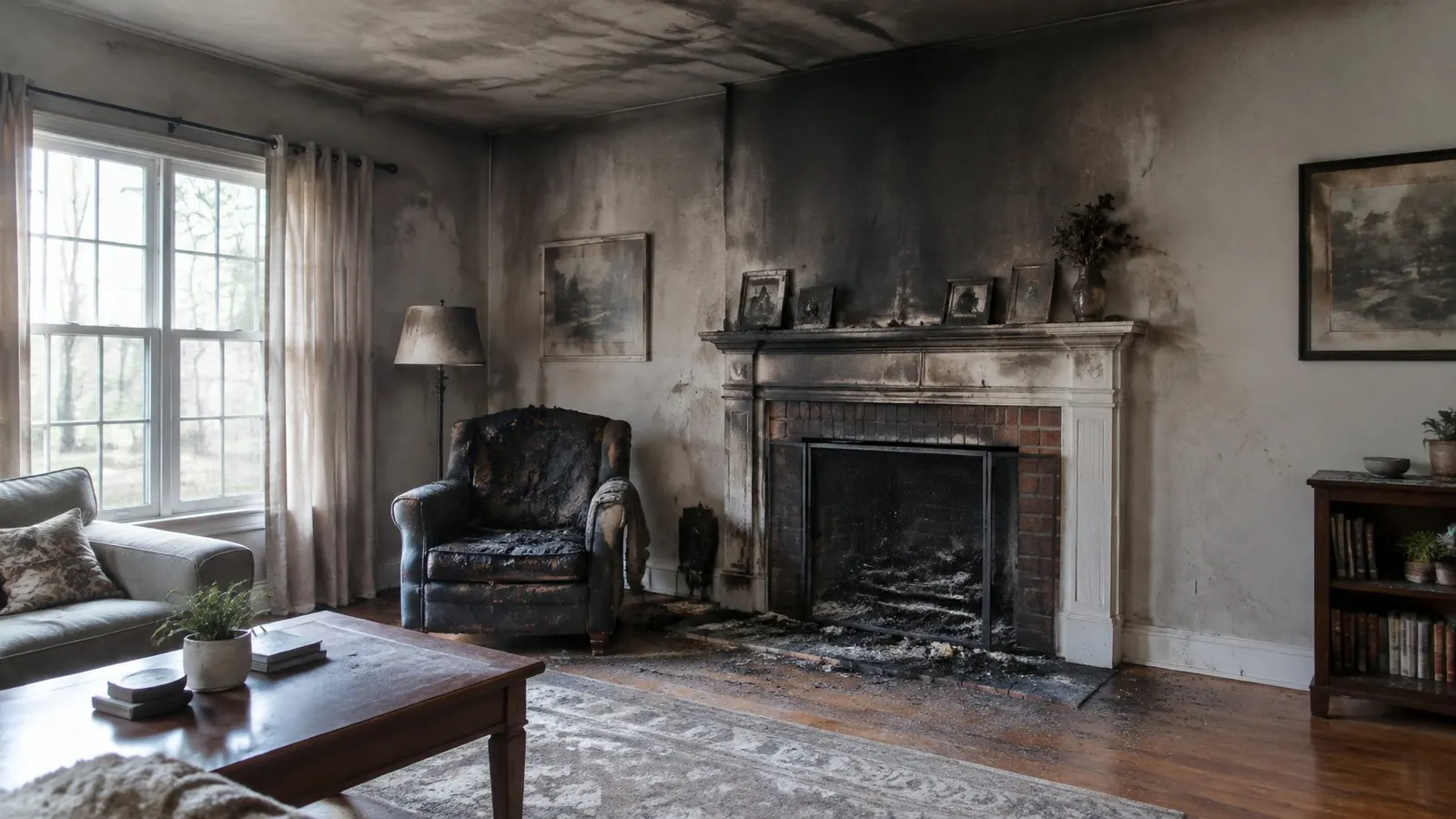 Living room with smoke-stained walls above a fireplace, a charred armchair and soot on picture frames