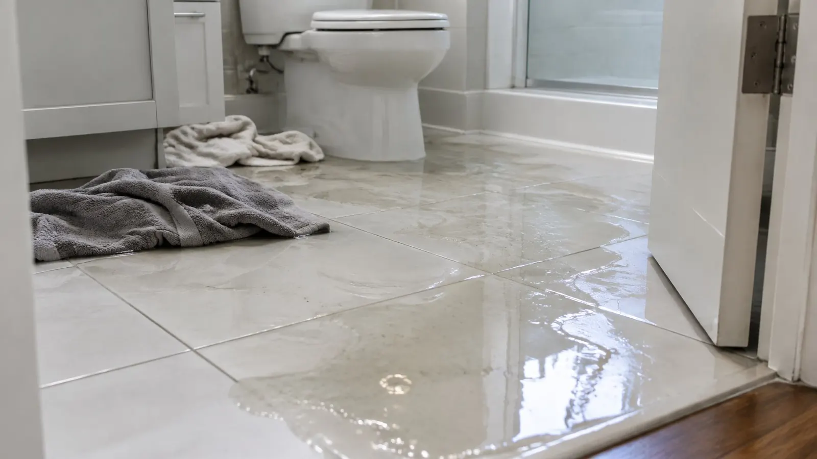 Overflowing toilet with dirty water spread across a white tile bathroom floor
