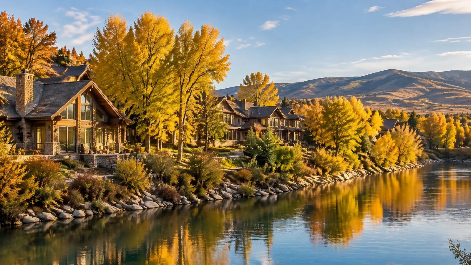 Large wood and stone homes among cottonwoods beside a river in autumn, foothills behind