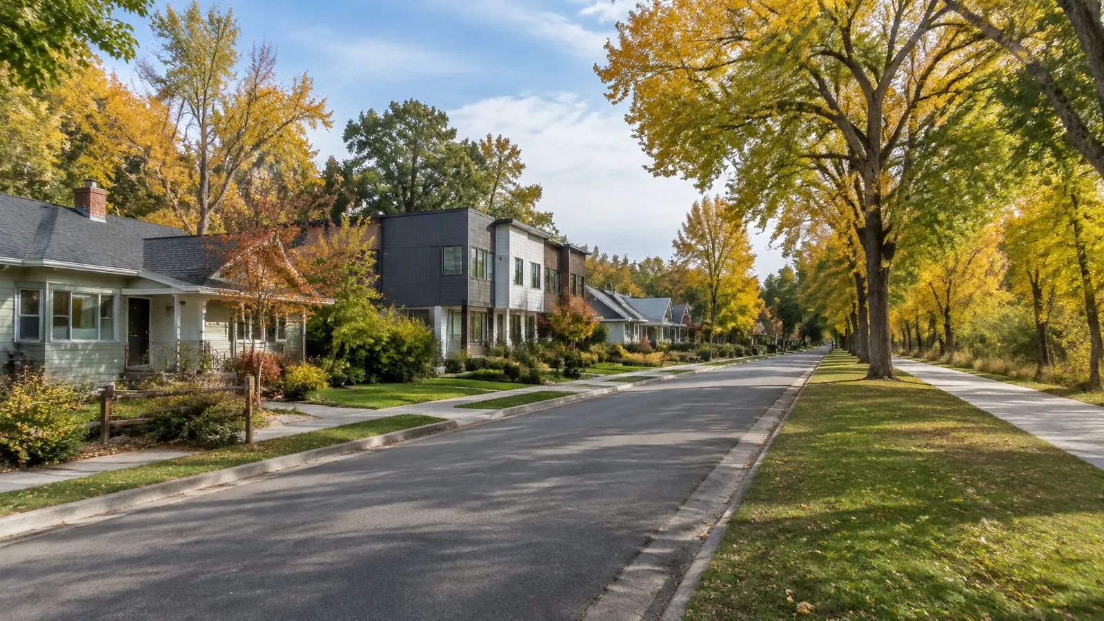 Small older homes and a few new townhomes on a street near a riverside greenbelt with cottonwoods