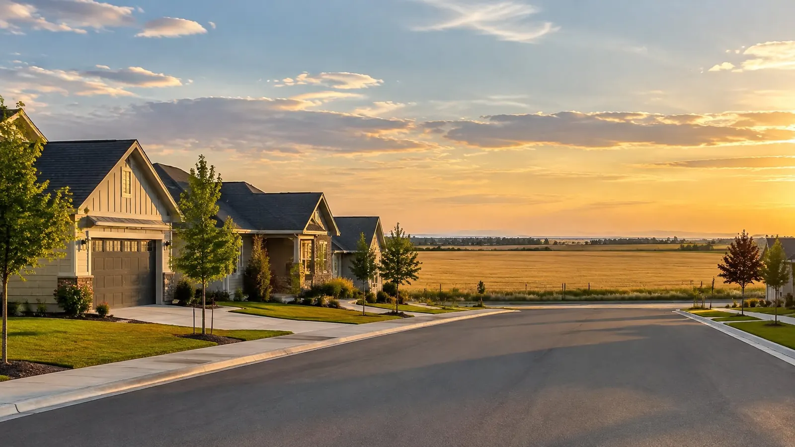 New single-family homes at the edge of a hay field under a wide evening sky