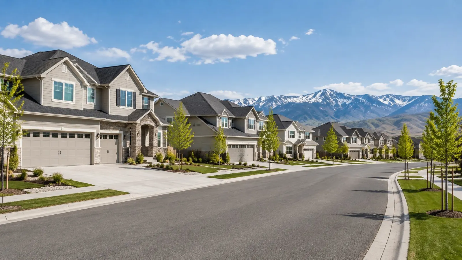 New two-story homes with stone accents and three-car garages, mountains in the distance