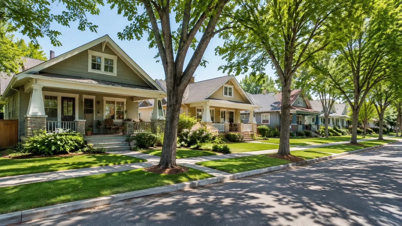 Older bungalow and craftsman homes with porches under mature shade trees