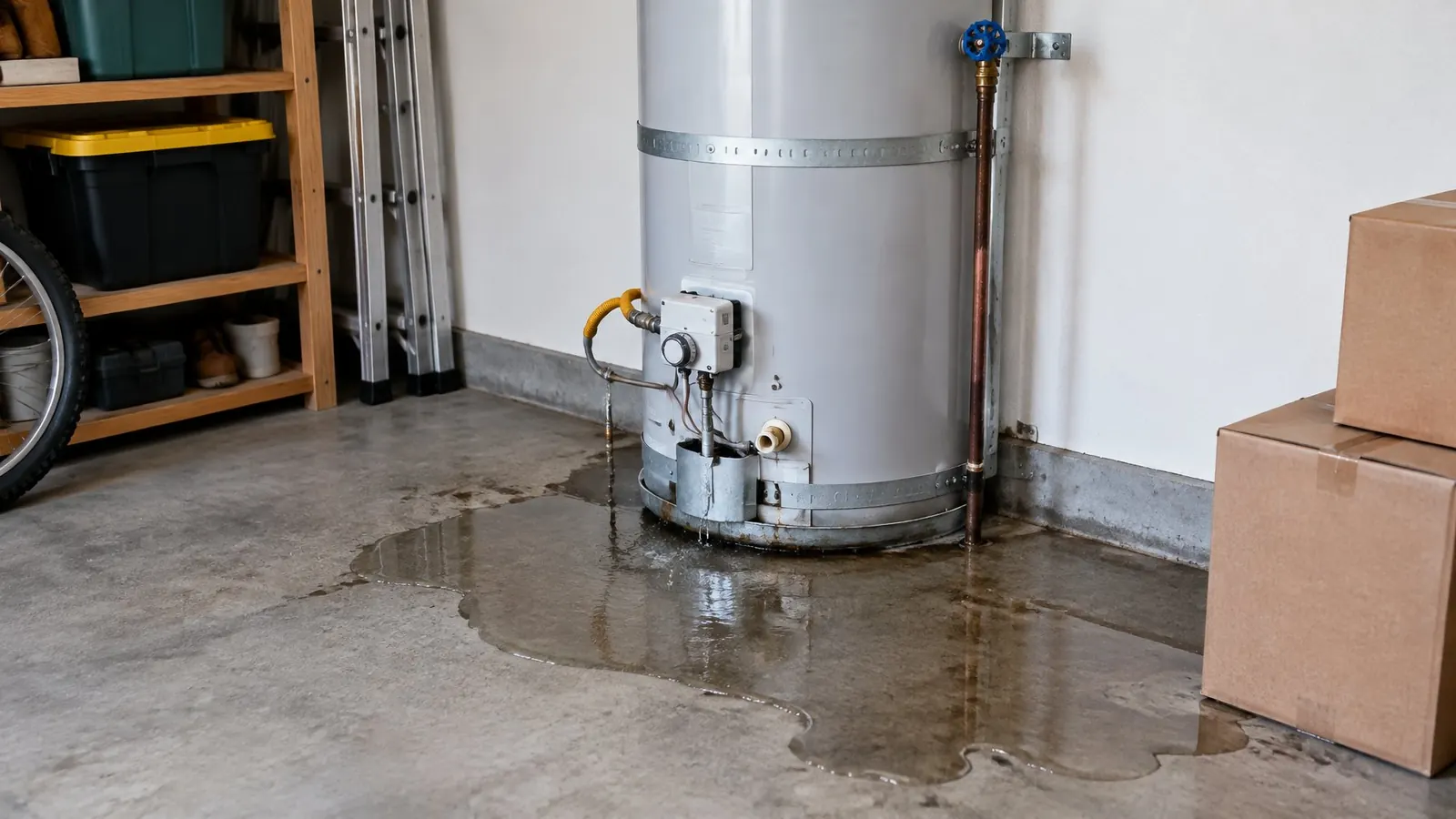 Leaking water heater in a garage